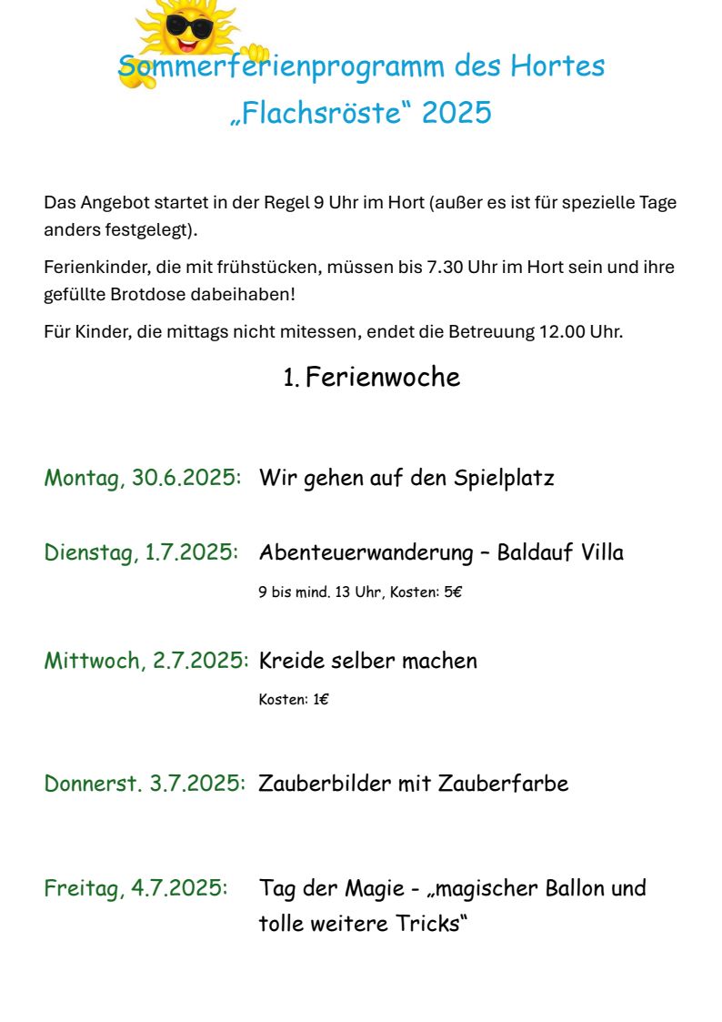 Sommerferienprogramm des Hortes „Flachsröste“ 2025